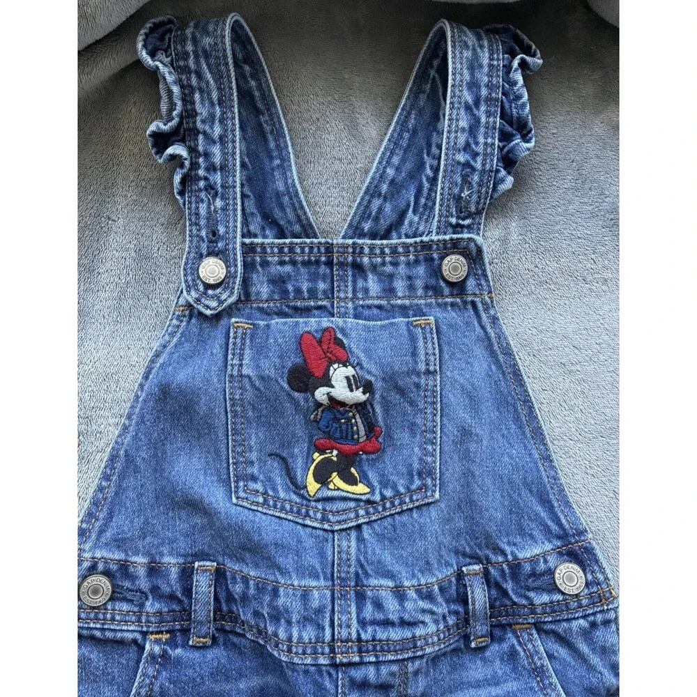 Gap X Disney Minnie Mouse Denim Overalls Girls 3 Ruffle Embroidered